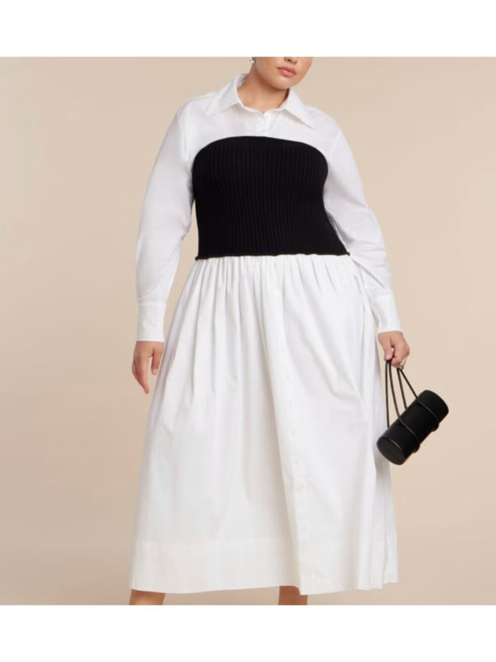 ELOQUII Elements Women's Twofer Poplin Dress w/ Sweater, Black/White, Size 22/24